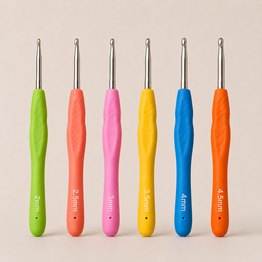 Six crochet hooks with colorful ergonomic handles in green, coral, pink, yellow, blue, and orange, arranged upright on a light beige background. White text on each handle shows the hook sizes: 2mm, 2.