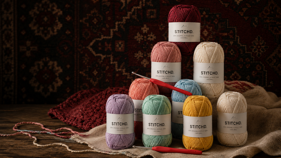 STITCHD 9.9 bundle with nine yarn balls and two crochet hooks