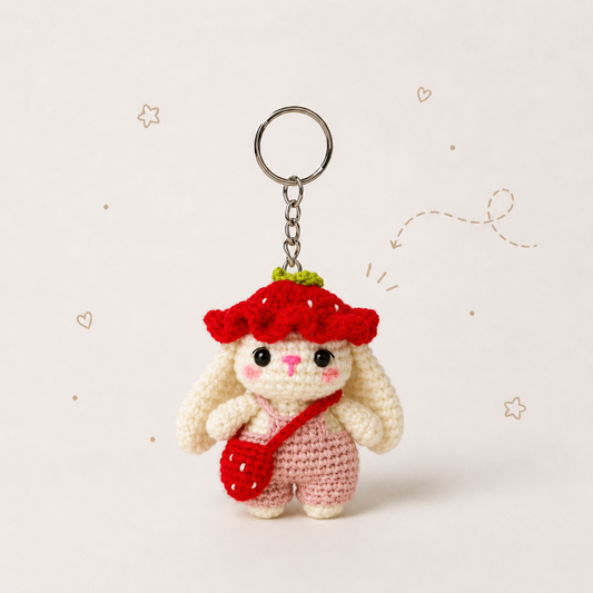 Strawberry Bunny Crochet Keychain