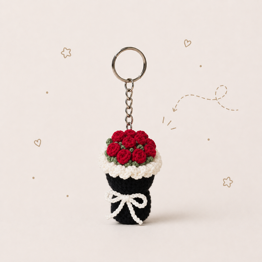Mini Rose Bouquet Crochet Keychain — Red