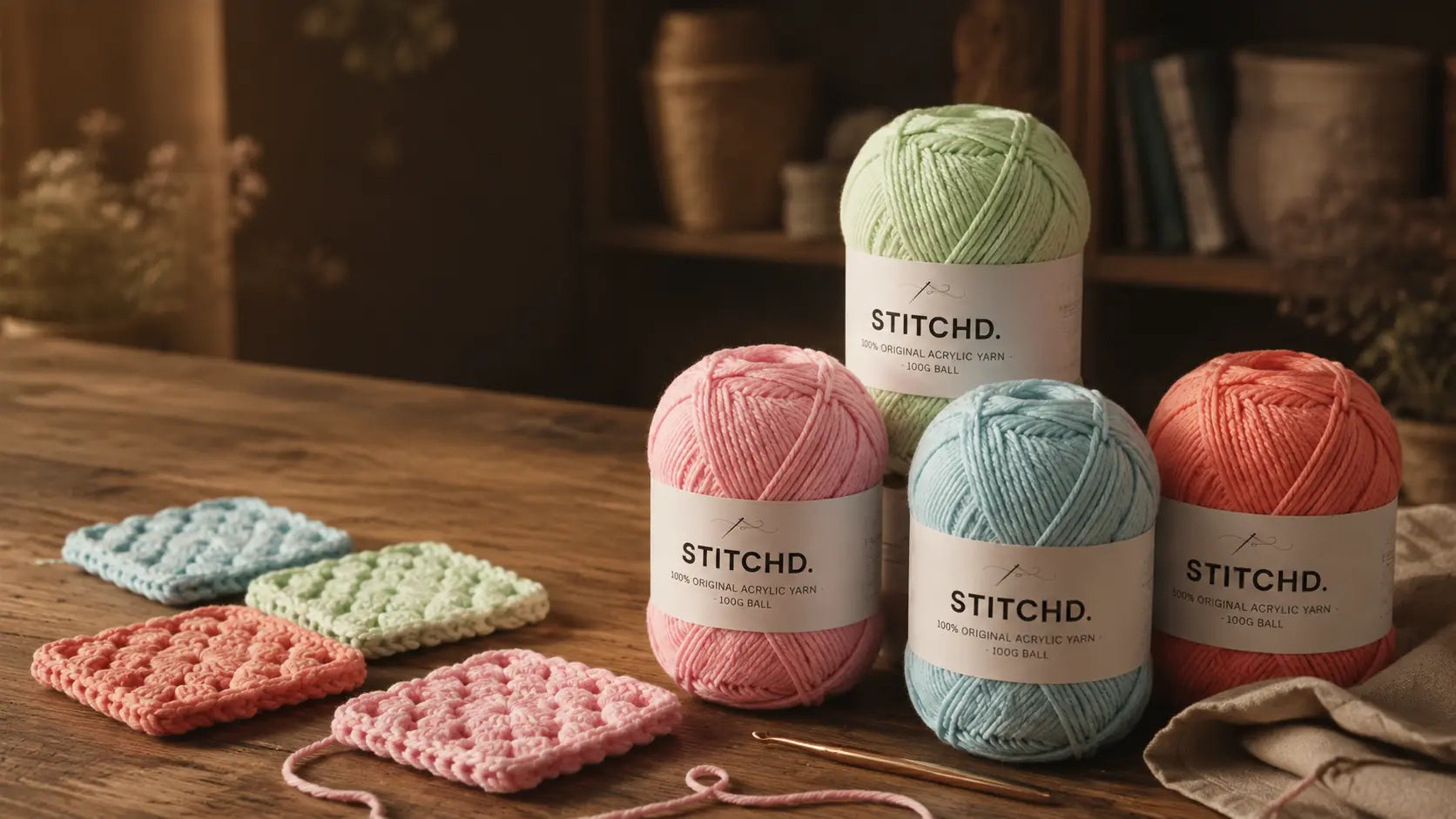Candy-coloured STITCHD yarn with crochet swatches on a wooden table