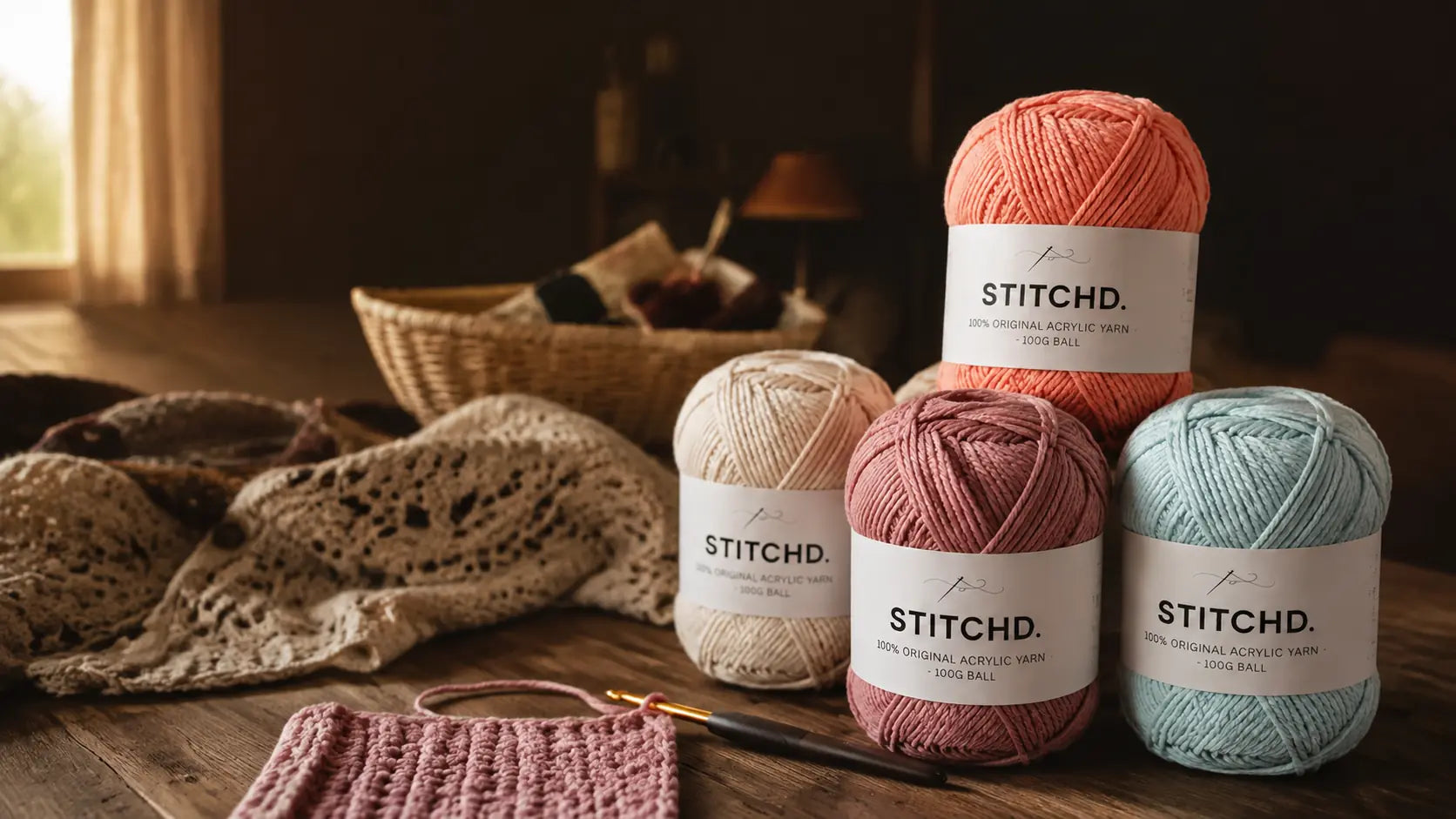 Four STITCHD yarn balls on a warm wooden maker's table