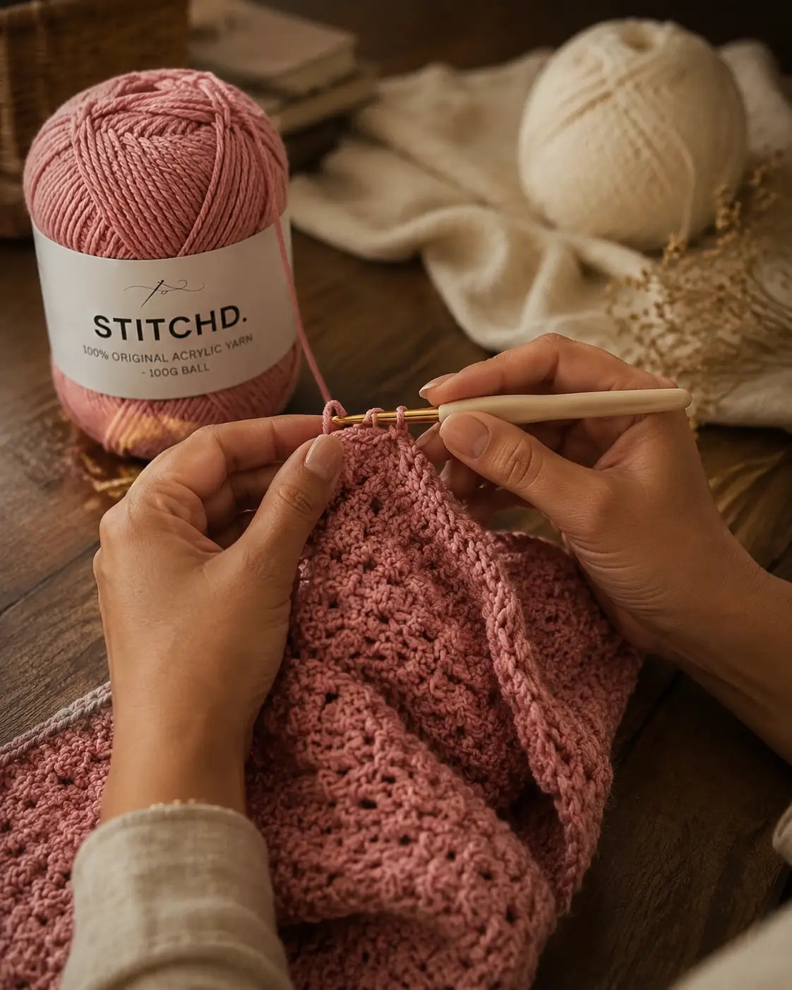 Hands crocheting with dusty rose STITCHD yarn