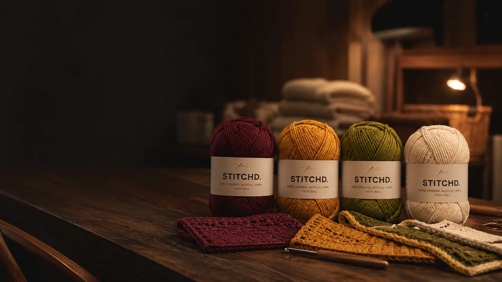 Four earthy STITCHD yarn colours on a dark maker's table